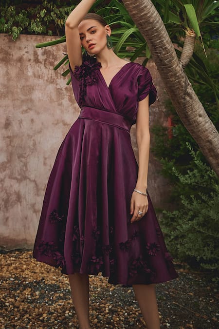 House Of Fett_Wine Organza Applique V-neck Vanessa Floral Embroidered Dress _at_Aza_Fashions