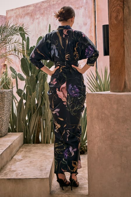 Shop_House Of Fett_Black Silk Satin Buckles Mandarin Collar Waldorf Printed Pleated Gown With Belt _at_Aza_Fashions