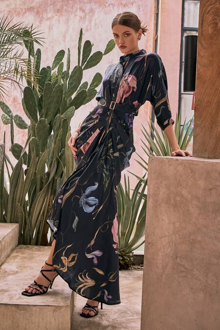 Shop_House Of Fett_Black Silk Satin Buckles Mandarin Collar Waldorf Printed Pleated Gown With Belt _Online_at_Aza_Fashions