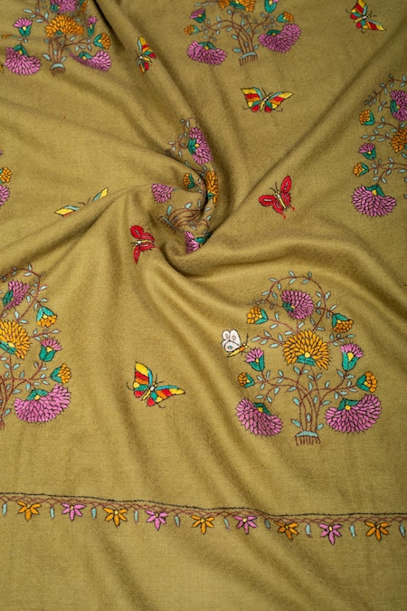 Buy_Pashme Ladakh_Green Embroidered Floral Butterfly Pashmina Shawl _Online_at_Aza_Fashions