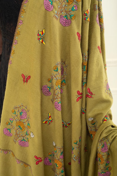 Buy_Pashme Ladakh_Green Embroidered Floral Butterfly Pashmina Shawl 