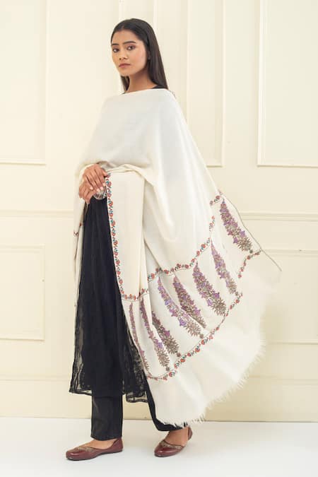 Pashme Ladakh Ivory Embroidered Paladar Butti Pashmina Shawl 