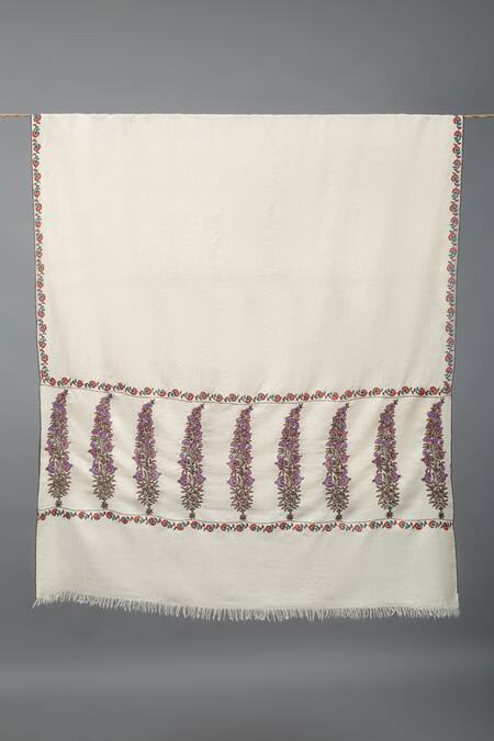 Pashme Ladakh_Ivory Embroidered Paladar Butti Pashmina Shawl_Online_at_Aza_Fashions