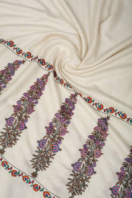 Shop_Pashme Ladakh_Ivory Embroidered Paladar Butti Pashmina Shawl_Online_at_Aza_Fashions