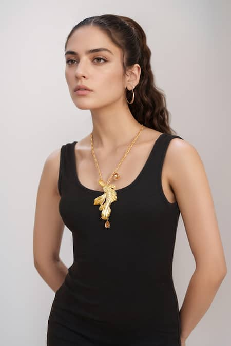 Rahul Mishra Gold Plated Gilded Koi Fish Long Carved Pendant Necklace 