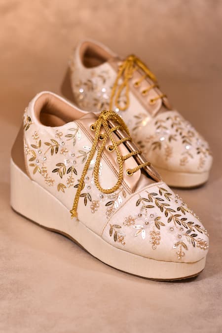 AROUND ALWAYS Gold Sequin Aries Floral Embroidered Sneakers 