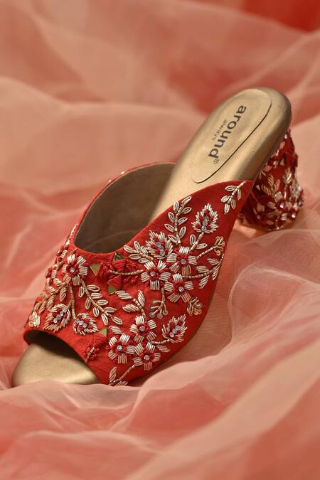 Shop_Around Always_Red Mirrors, Zari Buttercup Floral Embroidered Heels_at_Aza_Fashions