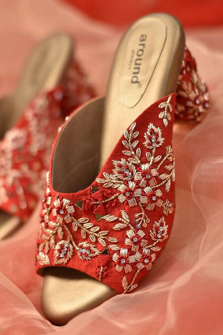 Around Always_Red Mirrors, Zari Buttercup Floral Embroidered Heels_Online_at_Aza_Fashions