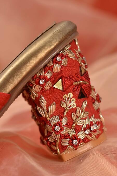 Buy_Around Always_Red Mirrors, Zari Buttercup Floral Embroidered Heels_Online_at_Aza_Fashions