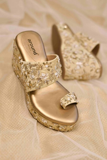 AROUND ALWAYS Gold Sequin Eve Embroidered Kolhapuri Wedges 