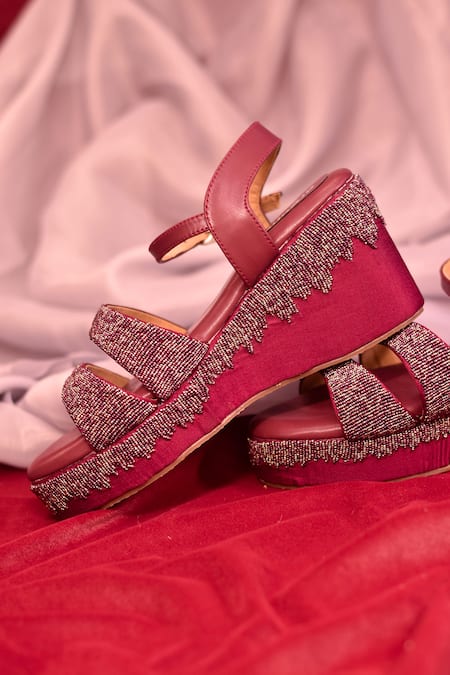 Shop Around Always Maroon Embroidery Garnet Waterfall Heels at Aza Fashions Shop_Around Always_Maroon Embroidery Garnet Waterfall Heels _at_Aza_Fashions