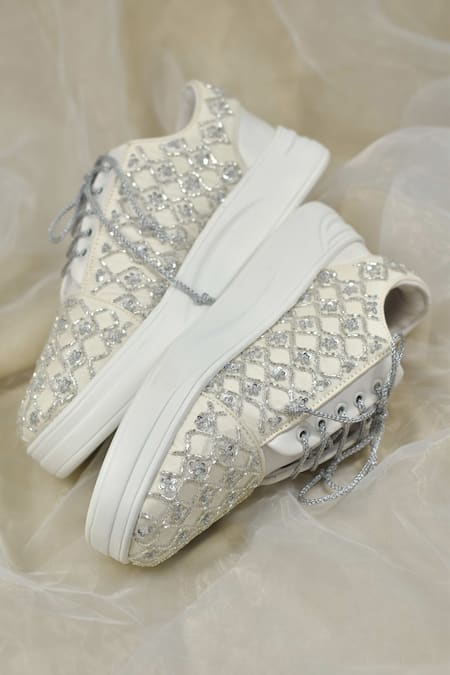 Shop Around Always Off White Gemini Embroidered Sneakers at Aza Fashions Shop_Around Always_Off White Gemini Embroidered Sneakers _at_Aza_Fashions