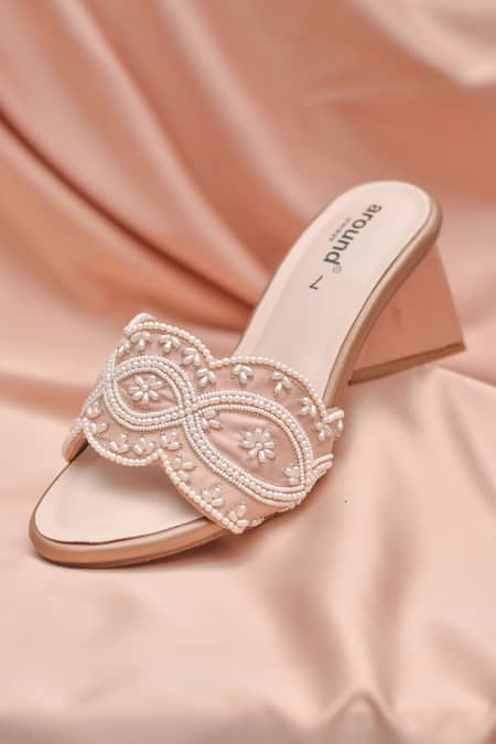 Shop Around Always Rose Gold Pearls Hope Scallop Embroidered Heels at Aza Fashions Shop_Around Always_Rose Gold Pearls Hope Scallop Embroidered Heels _at_Aza_Fashions