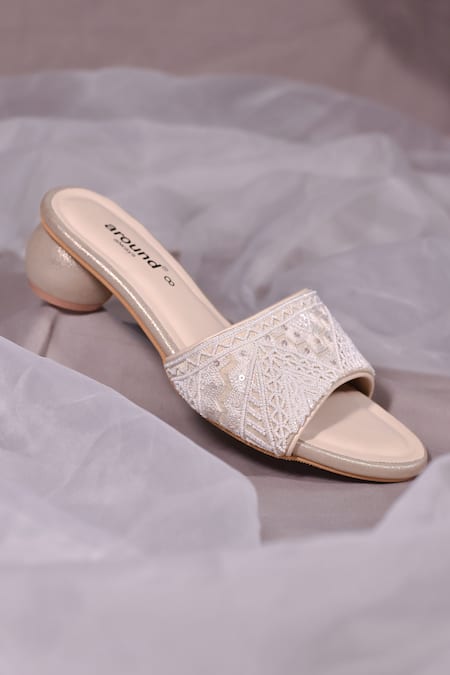 Shop Around Always Ivory Cut Work, Pearls Kloe And Cutdana Embroidered Heels at Aza Fashions Shop_Around Always_Ivory Cut Work, Pearls Kloe And Cutdana Embroidered Heels _at_Aza_Fashions
