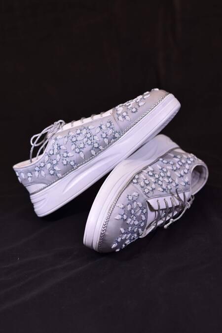 Shop Around Always Silver Liza Pearl Embroidered Sneakers at Aza Fashions Shop_Around Always_Silver Liza Pearl Embroidered Sneakers_at_Aza_Fashions