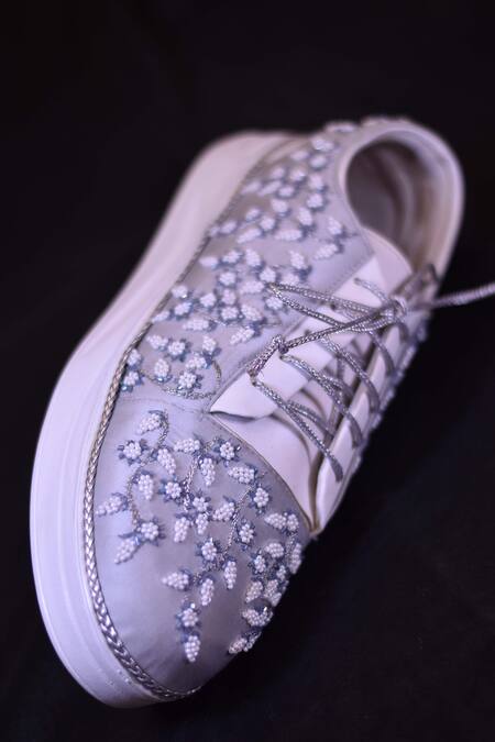 Around Always Silver Liza Pearl Embroidered Sneakers Online at Aza Fashions Around Always_Silver Liza Pearl Embroidered Sneakers_Online_at_Aza_Fashions