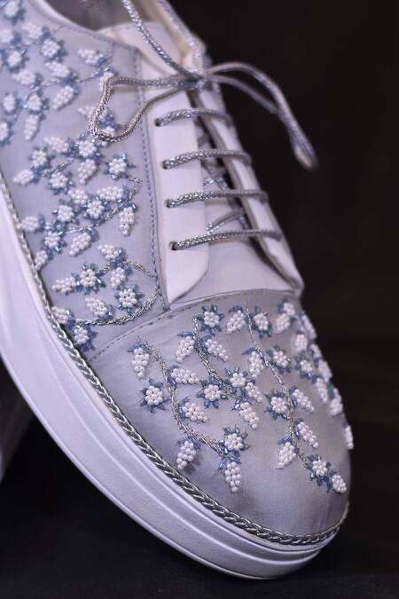 Buy Around Always Silver Liza Pearl Embroidered Sneakers Online at Aza Fashions Buy_Around Always_Silver Liza Pearl Embroidered Sneakers_Online_at_Aza_Fashions