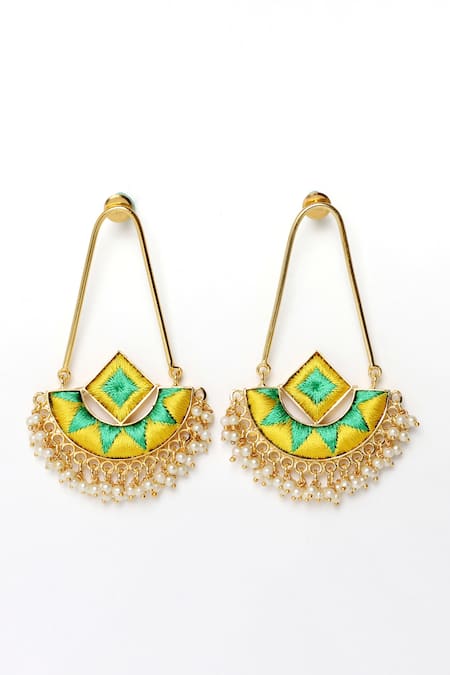 Shop Bauble Bazaar Green Pearls, Embroidery Tassel Bali Drop Earrings at Aza Fashions Shop_Bauble Bazaar_Green Pearls, Embroidery Tassel Bali Drop Earrings _at_Aza_Fashions