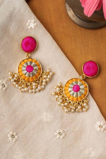 Bauble Bazaar_Yellow Pearls, Embroidery Sunflower Drop Earrings _Online_at_Aza_Fashions