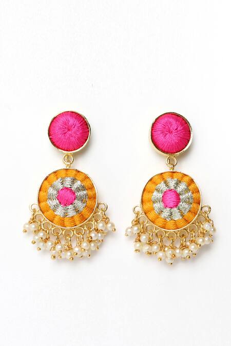 Buy_Bauble Bazaar_Yellow Pearls, Embroidery Sunflower Drop Earrings _Online_at_Aza_Fashions