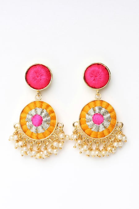Shop_Bauble Bazaar_Yellow Pearls, Embroidery Sunflower Drop Earrings _at_Aza_Fashions