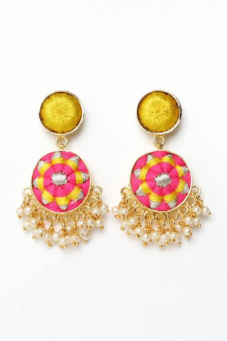 Shop Bauble Bazaar Yellow Pearls, Embroidery Radiant Flower Drop Earrings at Aza Fashions Shop_Bauble Bazaar_Yellow Pearls, Embroidery Radiant Flower Drop Earrings _at_Aza_Fashions
