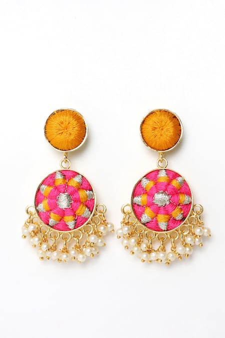 Shop Bauble Bazaar Yellow Pearls, Embroidery Sunflower Earrings at Aza Fashions Shop_Bauble Bazaar_Yellow Pearls, Embroidery Sunflower Earrings _at_Aza_Fashions