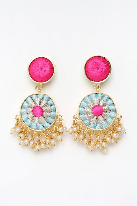 Shop Bauble Bazaar Sky Blue Pearls, Embroidery Lily Drop Earrings at Aza Fashions Shop_Bauble Bazaar_Sky Blue Pearls, Embroidery Lily Drop Earrings _at_Aza_Fashions