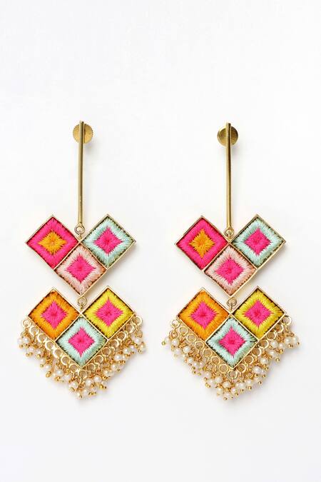 Shop Bauble Bazaar Multi Color Pearls, Embroidery Lotus Fantasy Dangler Earrings at Aza Fashions Shop_Bauble Bazaar_Multi Color Pearls, Embroidery Lotus Fantasy Dangler Earrings _at_Aza_Fashions