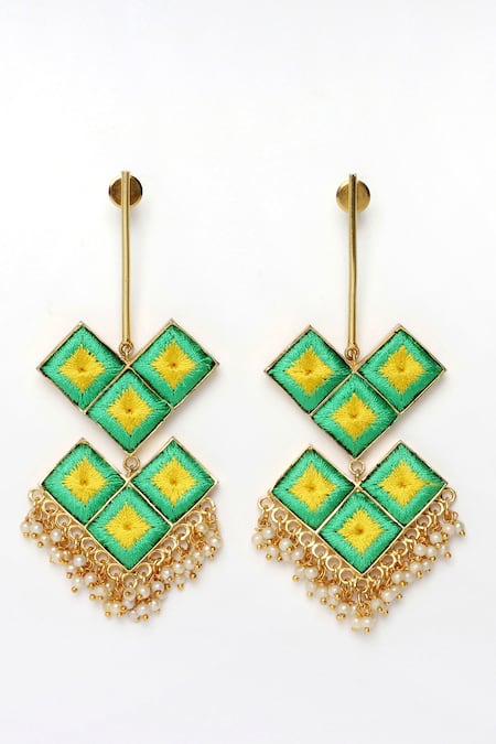 Shop Bauble Bazaar Yellow Pearls, Embroidery Lotus Layered Earrings at Aza Fashions Shop_Bauble Bazaar_Yellow Pearls, Embroidery Lotus Layered Earrings _at_Aza_Fashions