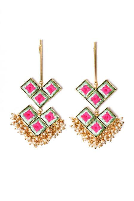 Shop Bauble Bazaar White Pearls Lotus Geometric Embroidered Earrings at Aza Fashions Shop_Bauble Bazaar_White Pearls Lotus Geometric Embroidered Earrings _at_Aza_Fashions