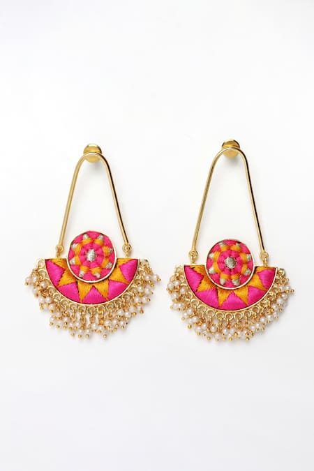 Shop Bauble Bazaar Yellow Pearls, Embroidery Tassel Bali Drop Earrings at Aza Fashions Shop_Bauble Bazaar_Yellow Pearls, Embroidery Tassel Bali Drop Earrings _at_Aza_Fashions
