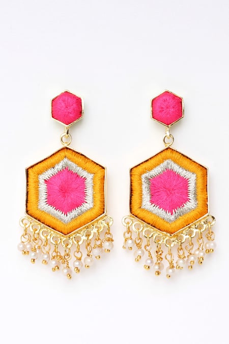 Shop Bauble Bazaar Yellow Pearls, Embroidery Butter Hibiscus Geometric Earrings at Aza Fashions Shop_Bauble Bazaar_Yellow Pearls, Embroidery Butter Hibiscus Geometric Earrings _at_Aza_Fashions