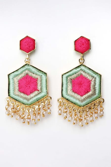 Shop Bauble Bazaar White Pearls, Embroidery Daisy Geometric Earrings at Aza Fashions Shop_Bauble Bazaar_White Pearls, Embroidery Daisy Geometric Earrings _at_Aza_Fashions
