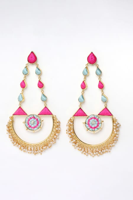 Shop Bauble Bazaar Sky Blue Pearls, Embroidery Thread Bali Drop Earrings at Aza Fashions Shop_Bauble Bazaar_Sky Blue Pearls, Embroidery Thread Bali Drop Earrings _at_Aza_Fashions