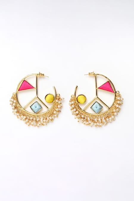 Shop Bauble Bazaar Multi Color Pearls, Embroidery Vivid Orchid Hoop Earrings at Aza Fashions Shop_Bauble Bazaar_Multi Color Pearls, Embroidery Vivid Orchid Hoop Earrings _at_Aza_Fashions