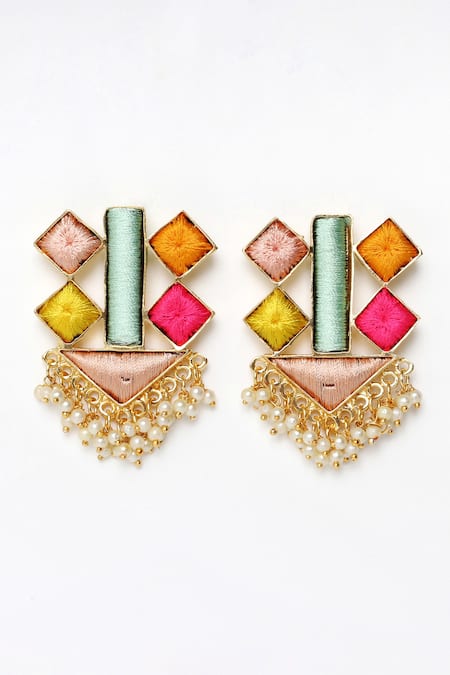 Shop Bauble Bazaar Multi Color Pearls, Embroidery Aurora Bliss Geometric Earrings at Aza Fashions Shop_Bauble Bazaar_Multi Color Pearls, Embroidery Aurora Bliss Geometric Earrings _at_Aza_Fashions