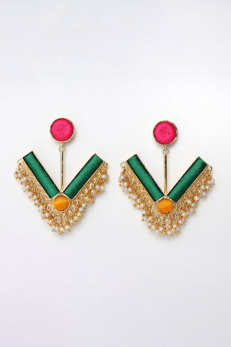 Shop Bauble Bazaar Green Pearls, Embroidery Daffodil Dangler Earrings at Aza Fashions Shop_Bauble Bazaar_Green Pearls, Embroidery Daffodil Dangler Earrings _at_Aza_Fashions