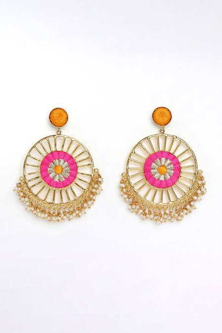 Shop Bauble Bazaar Yellow Pearls, Embroidery Hibiscus Thread Circular Earrings at Aza Fashions Shop_Bauble Bazaar_Yellow Pearls, Embroidery Hibiscus Thread Circular Earrings _at_Aza_Fashions