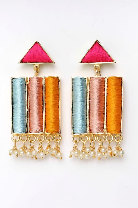 Shop Bauble Bazaar Multi Color Pearls, Embroidery Rainbow Lily Geometric Earrings at Aza Fashions Shop_Bauble Bazaar_Multi Color Pearls, Embroidery Rainbow Lily Geometric Earrings _at_Aza_Fashions