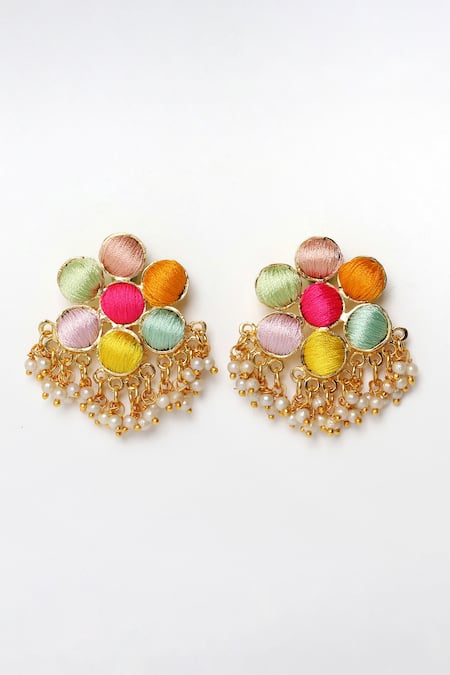 Shop Bauble Bazaar Multi Color Pearls, Embroidery Floral Stud Earrings at Aza Fashions Shop_Bauble Bazaar_Multi Color Pearls, Embroidery Floral Stud Earrings _at_Aza_Fashions