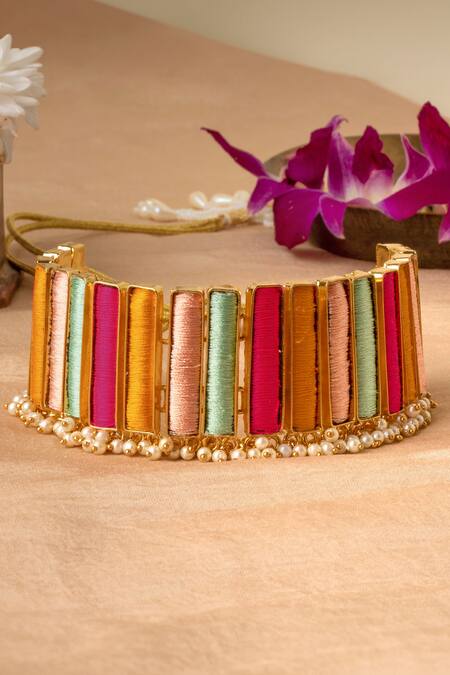 Bauble Bazaar Multi Color Pearls, Fabric Flowers Indian Candy Floss Choker Set Online at Aza Fashions Bauble Bazaar_Multi Color Pearls, Fabric Flowers Indian Candy Floss Choker Set _Online_at_Aza_Fashions