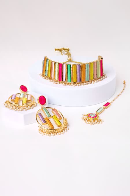 Shop Bauble Bazaar Multi Color Pearls, Fabric Flowers Indian Candy Floss Choker Set at Aza Fashions Shop_Bauble Bazaar_Multi Color Pearls, Fabric Flowers Indian Candy Floss Choker Set _at_Aza_Fashions