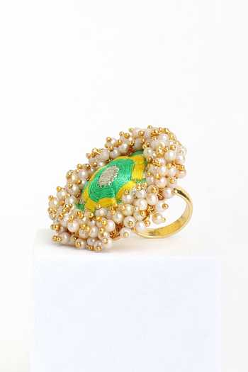 Bauble Bazaar_Multi Color Pearls, Fabric Flowers Lily Ring _Online_at_Aza_Fashions