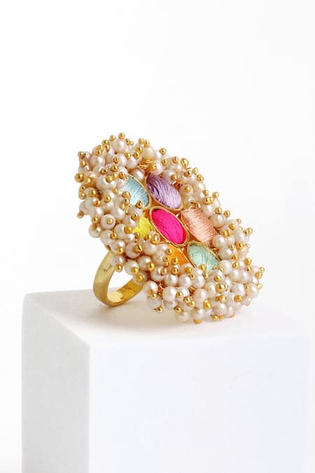 Bauble Bazaar_Multi Color Pearls, Embroidery Geometric Cutwork Silk Ring _Online_at_Aza_Fashions