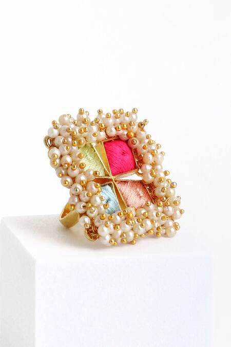 Bauble Bazaar Multi Color Pearls, Fabric Flowers Opal Ring Online at Aza Fashions Bauble Bazaar_Multi Color Pearls, Fabric Flowers Opal Ring _Online_at_Aza_Fashions
