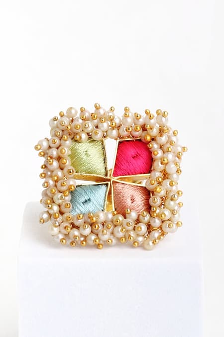 Shop Bauble Bazaar Multi Color Pearls, Fabric Flowers Opal Ring at Aza Fashions Shop_Bauble Bazaar_Multi Color Pearls, Fabric Flowers Opal Ring _at_Aza_Fashions