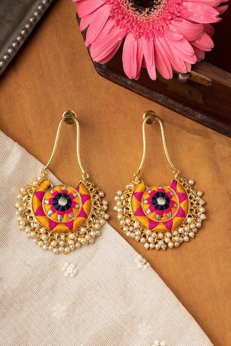 BAUBLE BAZAAR Yellow Thread Circular Embroidered Earrings 