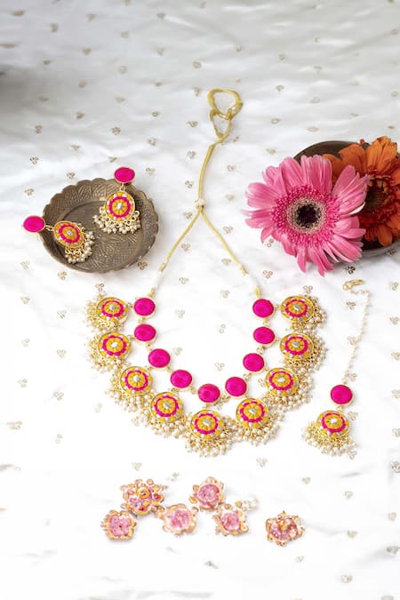 BAUBLE BAZAAR Yellow Thread Sunflower Circular Layered Necklace Set 