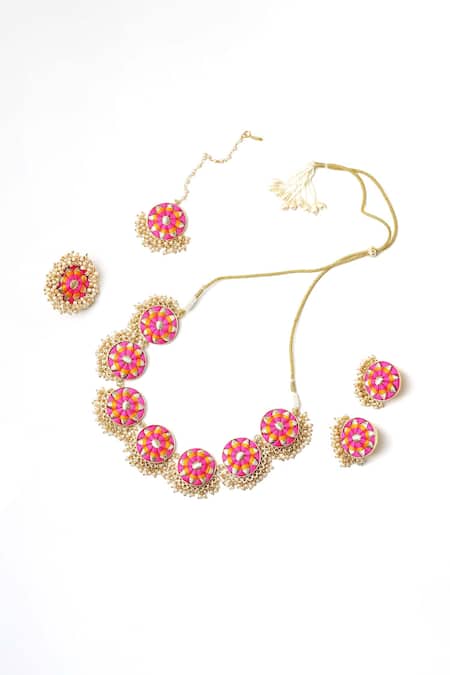 Bauble Bazaar_Yellow Pearls, Embroidery Orchid Circular Motif Necklace Set _Online_at_Aza_Fashions